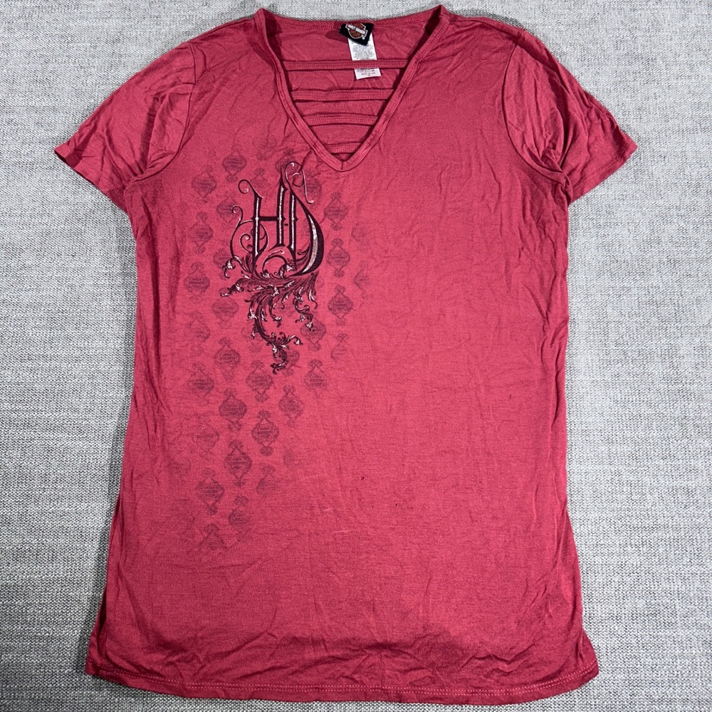 Harley-Davidson T-Shirt Womens Medium Red Good Caged V-Neck Graphic Arizona Tee